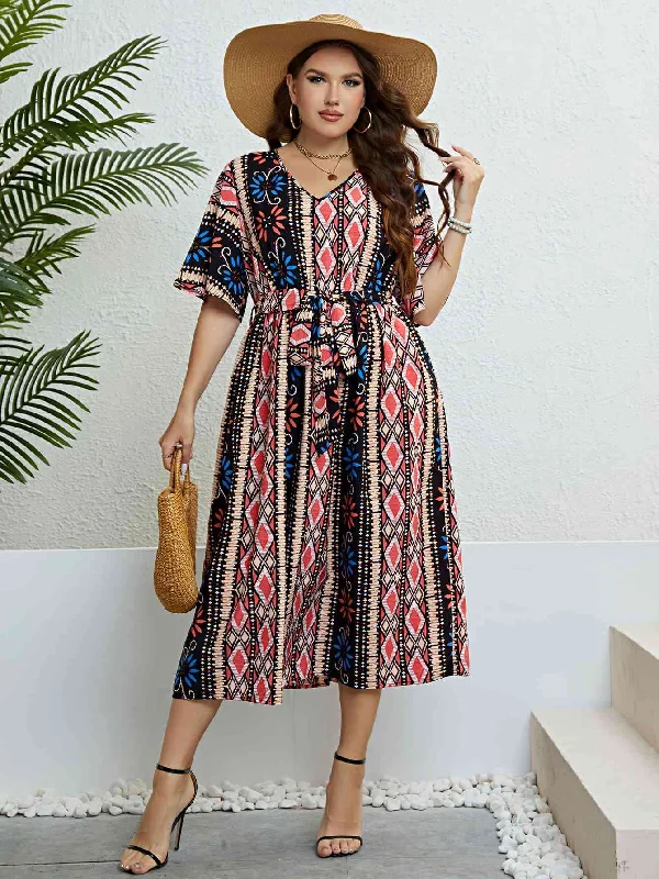 Odd Size Clearance Sale Plus Size Bohemian V-Neck Tie Belt Midi Dress