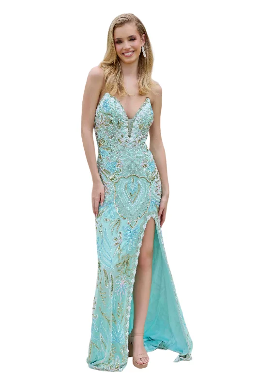 Flash Deals Primavera Couture 4382 Size 4, 10 Mint Long Beaded  Prom Dress Strapless Corset Slit V Neck Formal Evening Gown