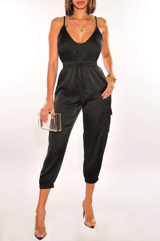 Buy More, Save More Black Satin Spaghetti Strap Snatched Jumpsuit