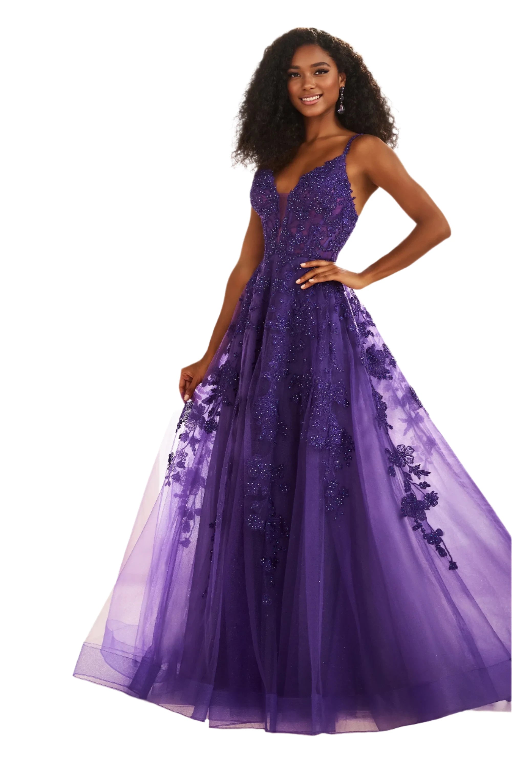 Limited - Edition Drops Ellie Wilde EW36015 Size 2 Purple Long sheer lace A Line Prom Dress Shimmer Pageant Gown Formal Ballgown