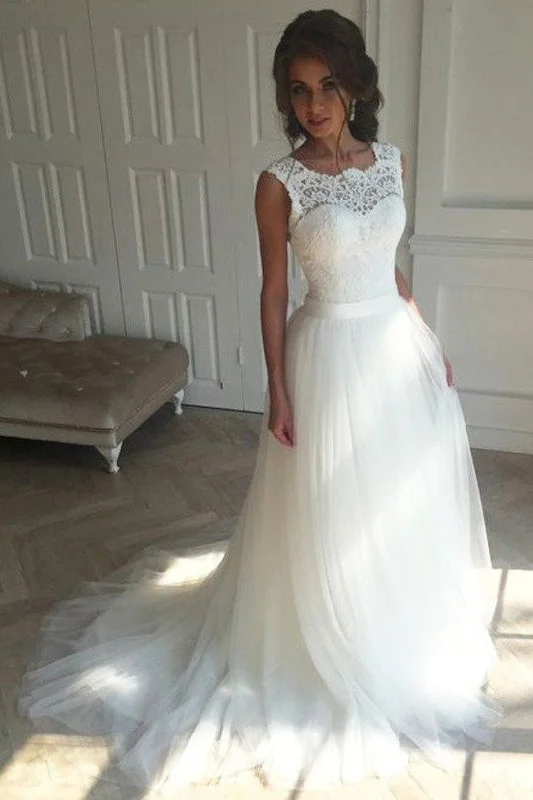 Break Fashion Norms Elegant Scoop Sleeveless Tulle Lace Wedding Dress Bridal Gown