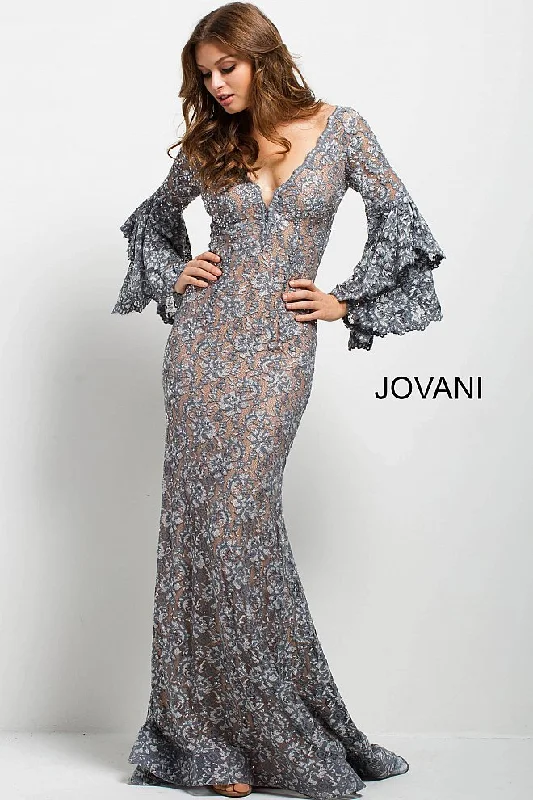 Inspired By You, Designed For You Jovani 57048 Size 6 Navy long bell sleeves evening gown embellished lace mermaid prom dress