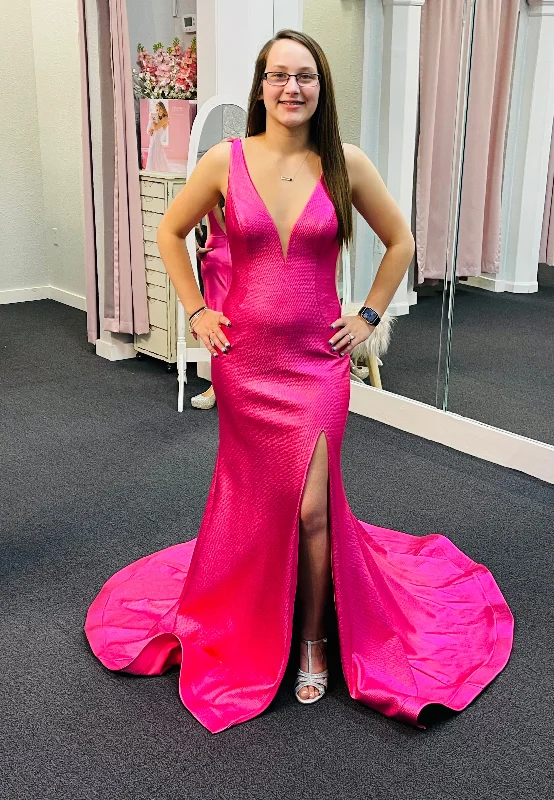 Daily Essentials Jovani 06125 size 6 Hot Pink Metallic Prom Dress Sheer Slit Mermaid Sexy Pageant Gown