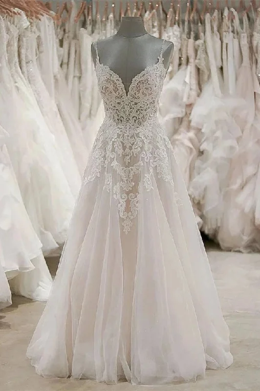 Fashion Forward Femininity A Line Spaghetti Straps V-Neck Beach Wedding Dresses Appliqued Tulle Bridal Dresses N2021