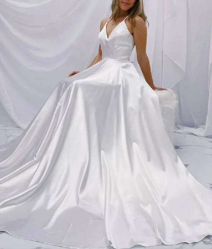 Runway Inspired Wear Women Sinmple Satin Wedding Dresses Long A-Line Bridal Gowns YWD078