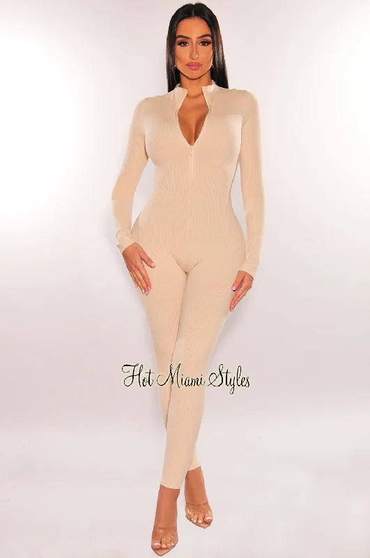 Trend Setting Threads Cream Ribbed Zipper Long Sleeve Jumpsuit