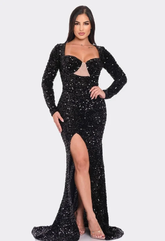 Parisian Effortless Chic Style Stunning Holiday Black Sequin Long Sleeve Maxi Dress