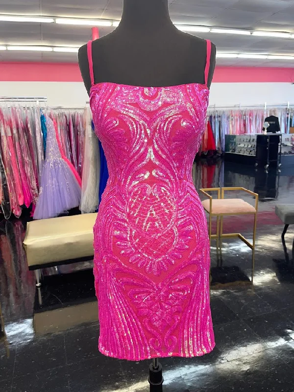 Day-To-Night Styles Jovani 09696 Size 8 Hot Pink Short Fitted Sequin Backless corset Formal Cocktail Dress Scoop neck Gown