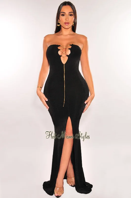 Trend Driven Wardrobe Black Ribbed Strapless Gold Chain Lace Up Slit Gown