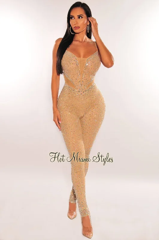 Additional Time-Limited Offers Nude Mesh Illusion Silver Rhinestone Spaghetti Straps Jumpsuit