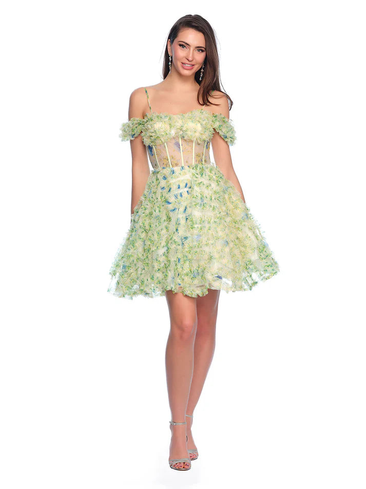 Huge Markdowns Dave & Johnny 11767 Size 0,6,12 Green Print Short Ruffle Homecoming Dress Sheer Corset off the shoulder Cocktail Gown