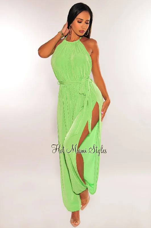 Trendy Aesthetics Kelly Green Slit Hem Belted Harem Jumpsuit