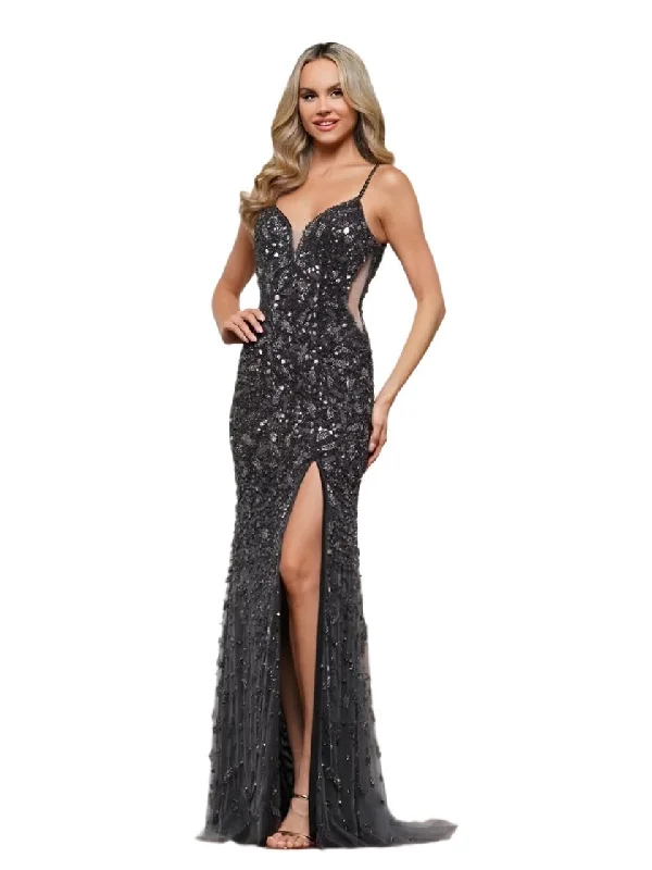 Update With Cottagecore Styles Colors Dress 3387 Size 2,10,14 Gunmetal Fully Beaded Formal Prom Dress Evening Gown Slit V Neck Crystal