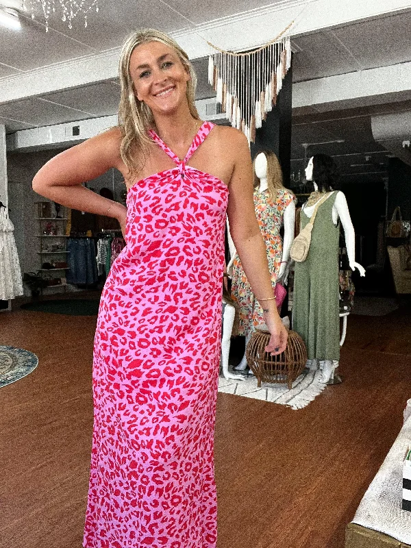 Limited Stock, Big Sale Pink Leopard Halter Slip Maxi Dress