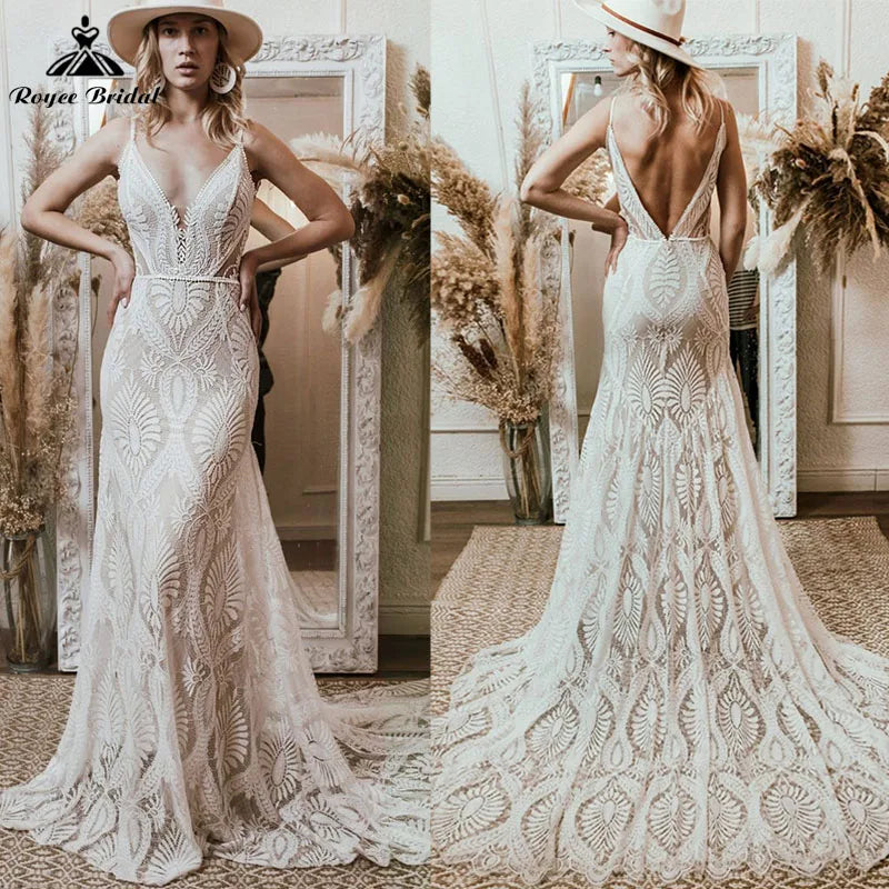 Fashion Forward Femme Vestido Bohemian Wedding Dress V Neck Lace Boho Spaghetti Straps Backless Beach Bridal Gowns Vestido de novia Roycebridal