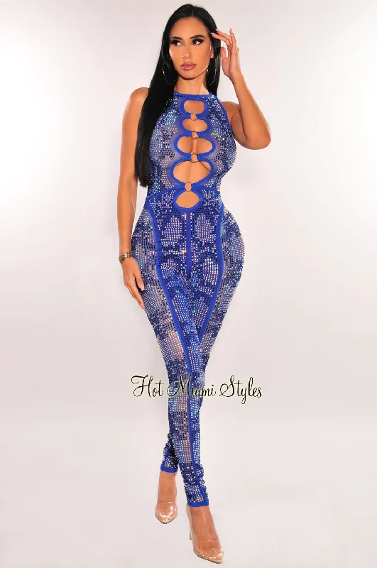 Elegant Simplicity Wardrobe Royal Blue Rhinestone Mesh O-Ring Cut Out Sleeveless Jumpsuit