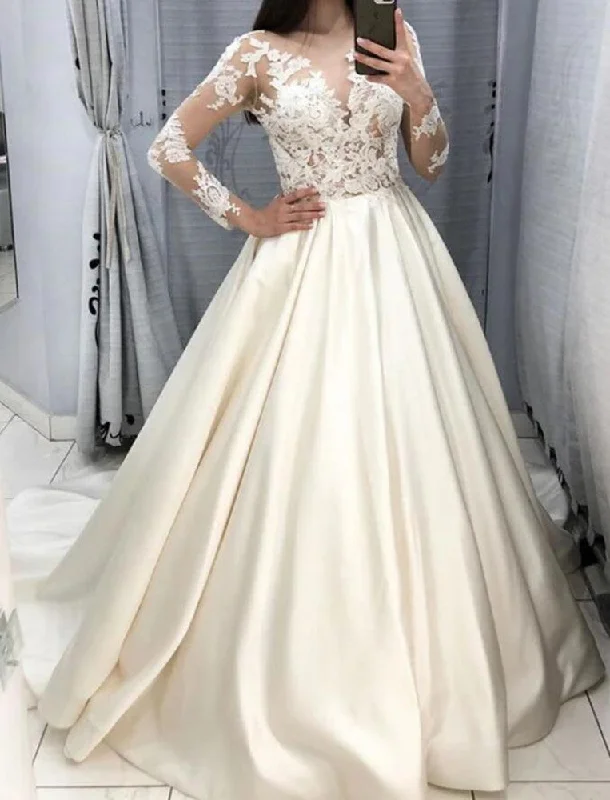 Hurry Before It's Gone Women Satin Lace Wedding Dresses Long Long Sleeves Bridal Gowns YWD103