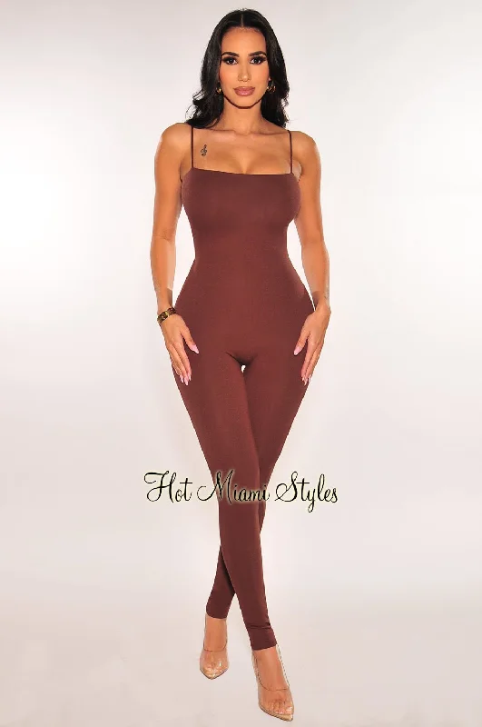 Redefining Women's Fashion Chocolate Spaghetti Straps Cut Out Back Jumpsuit