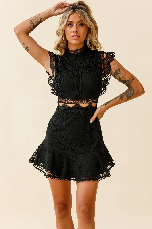 Fashion Essentials Elisha Crochet Detail Lace Overlay Dress Black