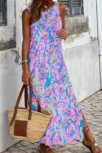 You'Ll Love Us Because Slit Printed Wide Strap Midi Dress