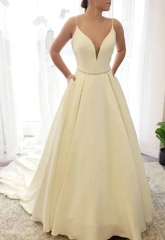 Fashion Sale Women Satin Wedding Dresses Long V-Neck Bridal Gowns YWD106