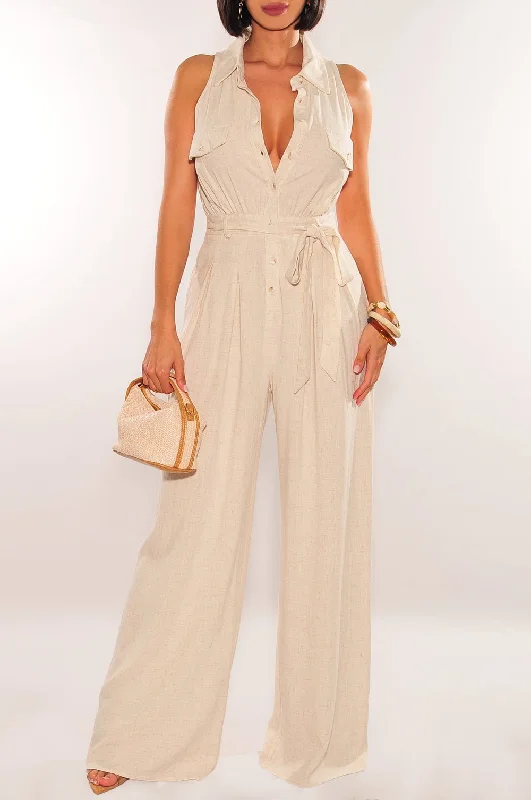 Limited Edition Nude Linen Sleeveless Collared Button Down Snatched Wide Leg Jumpsuit