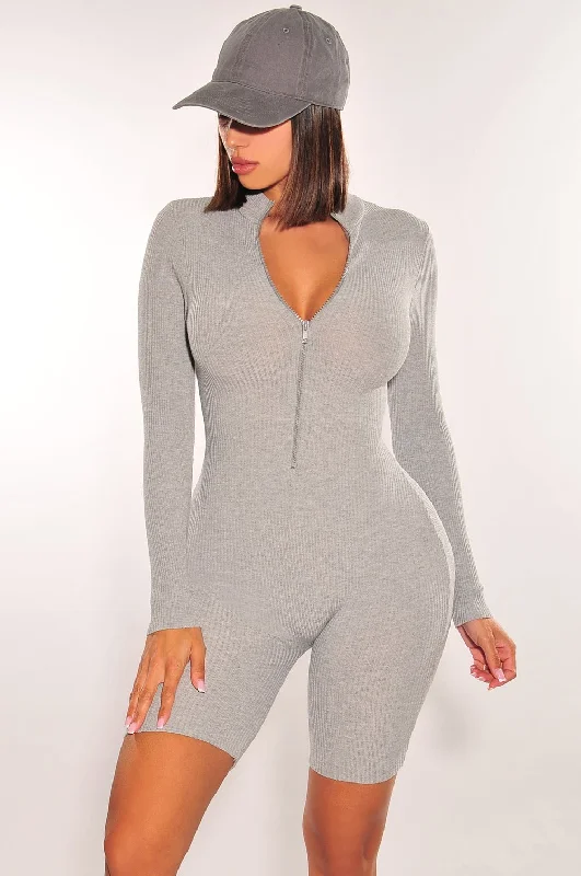 Chic And Trendy HMS: Essential: Gray Ribbed Knit Zipper Long Sleeves Romper