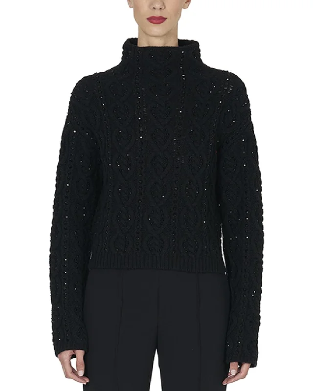 Lighten Up With Nordic Styles Carolina Herrera Embellished Funnel Neck Cable Wool& Cashmere-Blend Sweater