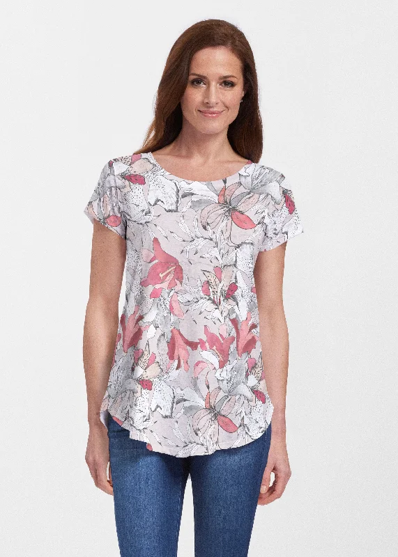 Additional Time-Limited Offers Pen and Ink Lily Beige (7612) ~ Signature Short Sleeve Scoop Neck Flowy Tunic