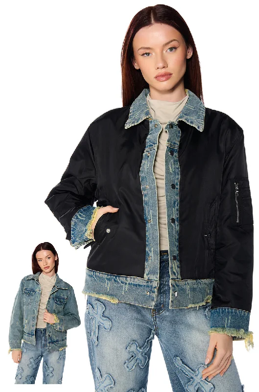 Premium Fashion WORTH THE WAIT REVERSIBLE DENIM BOMBER JACKET