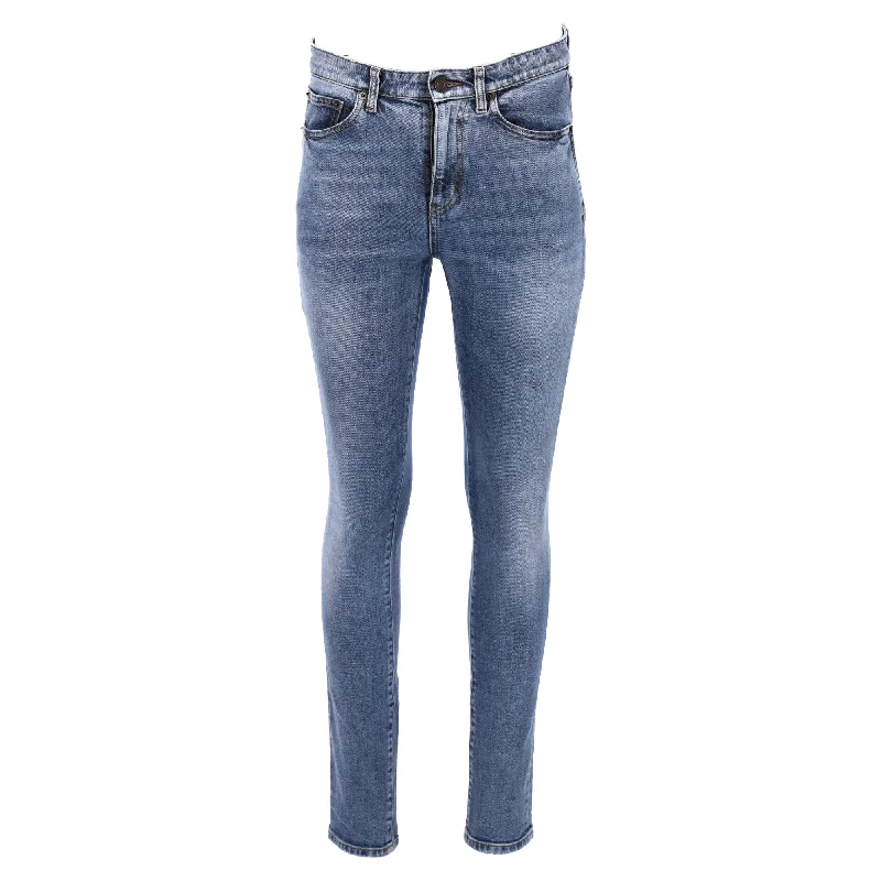 Spring Fashion Saint Laurent Logo-Embroidered Slim Fit Jeans in Blue Cotton Denim