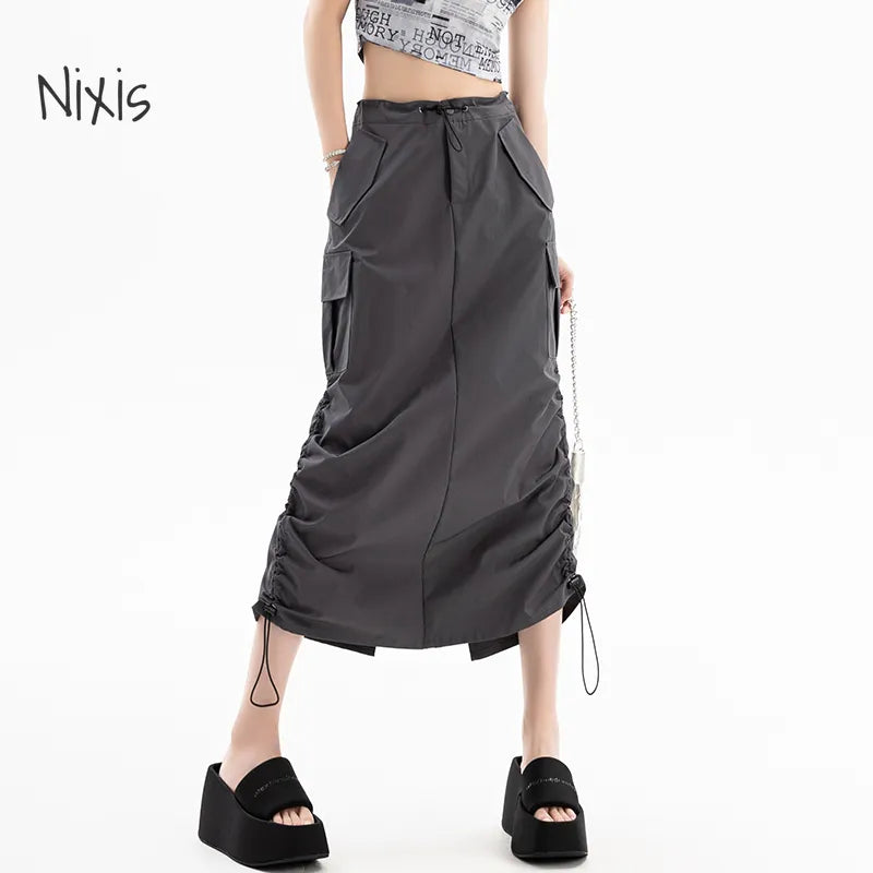 Limited Stock, Big Sale Women's Cargo Drawstring High Waist Fashion Designer Skirts (Midi)