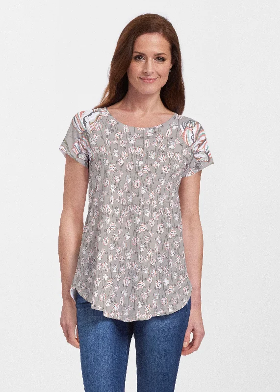 Unbeatable Deals Tulips Multi Beige (7667) ~ Signature Short Sleeve Scoop Neck Flowy Tunic