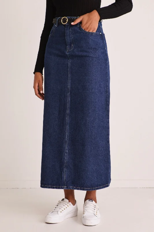 Casual Elegance Rouge Dark Blue Denim Midi Skirt