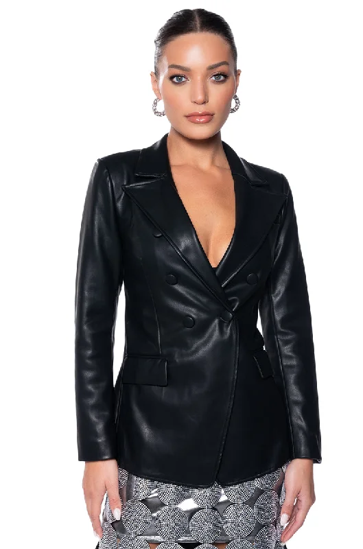 Best Sellers TE QUIERO FAUX LEATHER OPEN BACK BLAZER IN BLACK