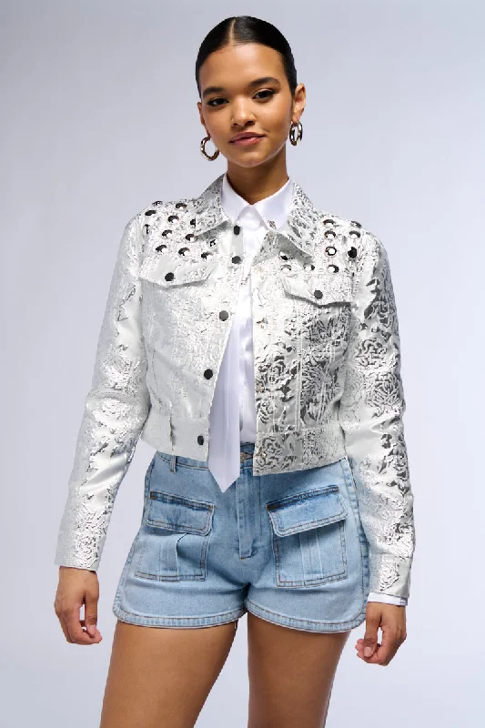 Chic Style RUE BROCADE PRINTED SILVER BOMBER