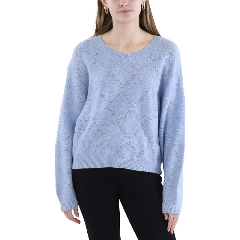 Father's Day Deals Womens Open Stitch Ribbed Trim Crewneck Sweater