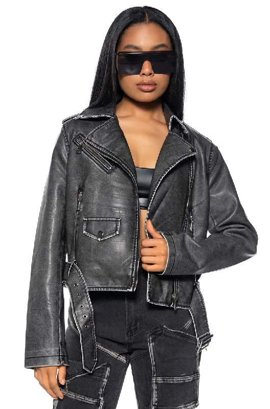 Classic Women's Fashion LOOKING FOR TROUBLE DISTRESSED MOTO JACKET