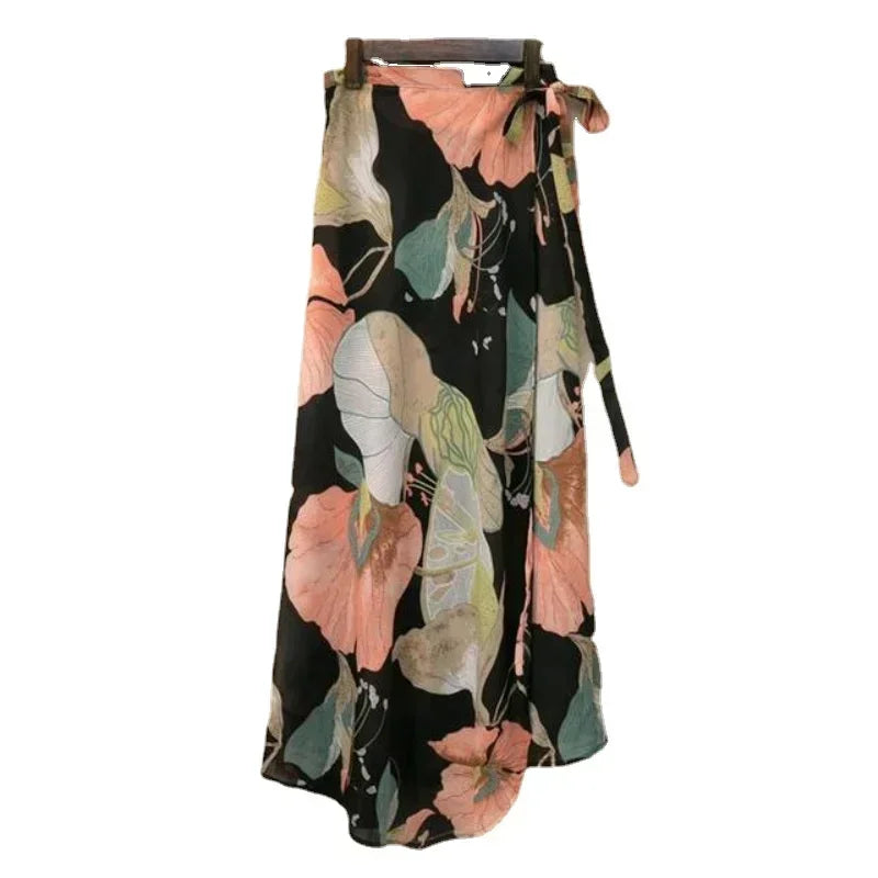 Chic And Edgy Women's High Waist Wrap Floral Printed Fashion Designer Skirts (Long)